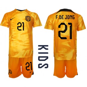 Lacne Dětský Futbalové dres Holandsko Frenkie de Jong #21 MS 2022 Krátky Rukáv - Domáci (+ trenírky)